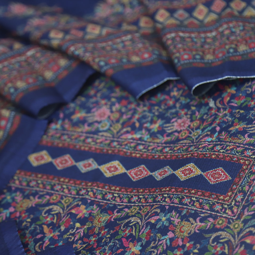 Sukhmani Berry Blue Floral Printed Semi Pashmina Suit Set D1