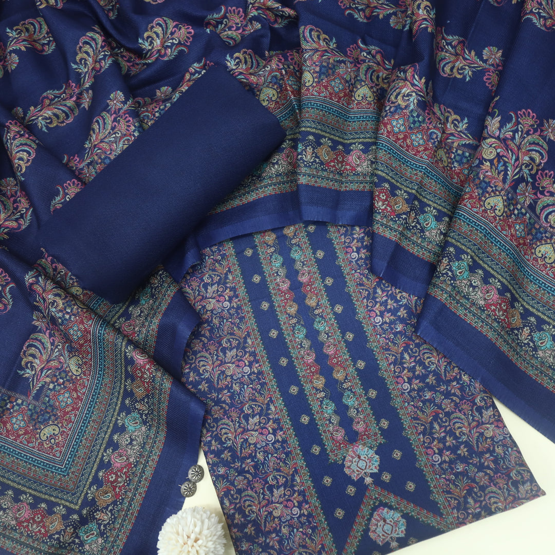 Sukhmani Berry Blue Floral Printed Semi Pashmina Suit Set-D3