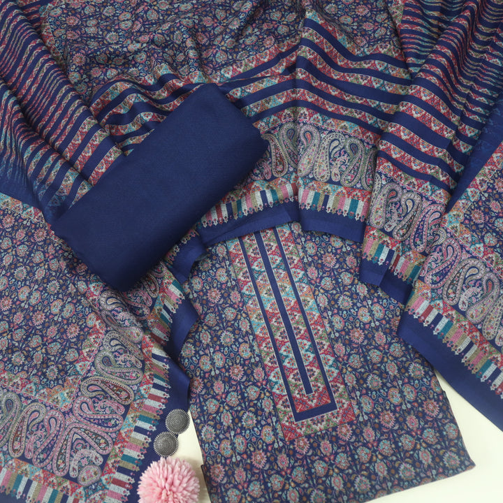 Sukhmani Berry Blue Floral Printed Semi Pashmina Suit Set D2