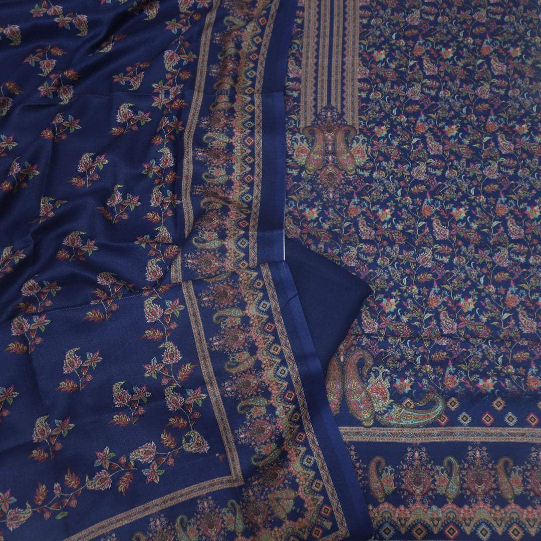 Sukhmani Berry Blue Floral Printed Semi Pashmina Suit Set D4