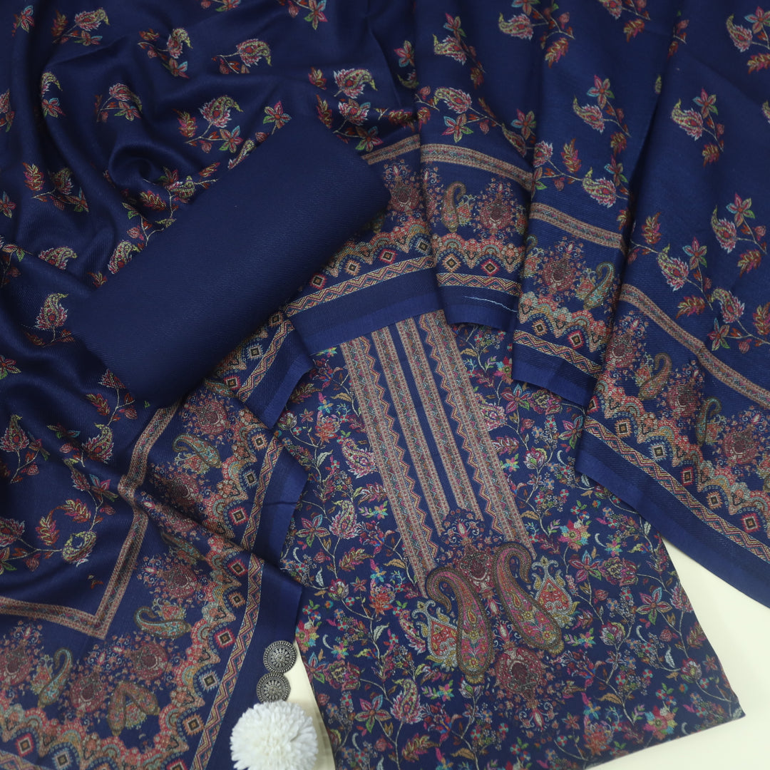 Sukhmani Berry Blue Floral Printed Semi Pashmina Suit Set D4