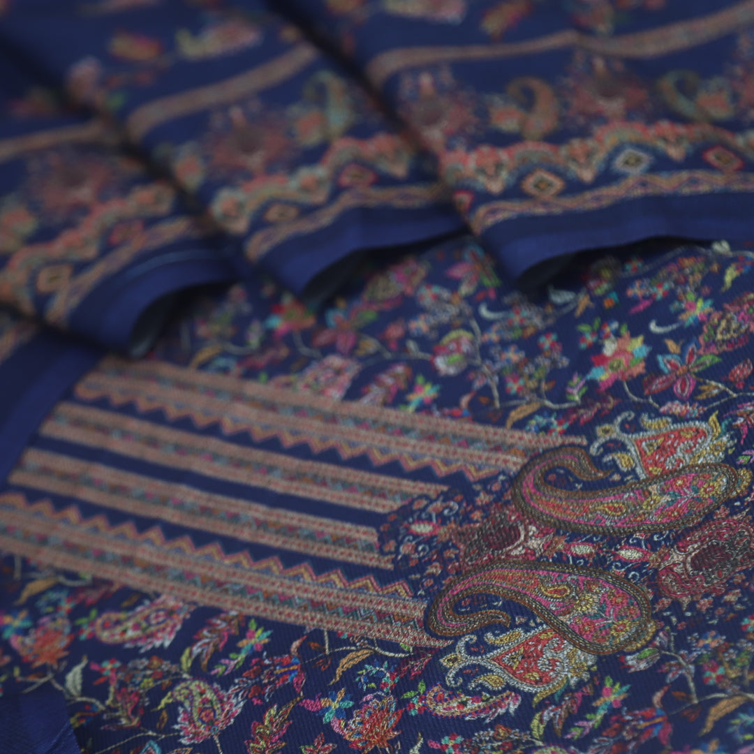 Sukhmani Berry Blue Floral Printed Semi Pashmina Suit Set D4