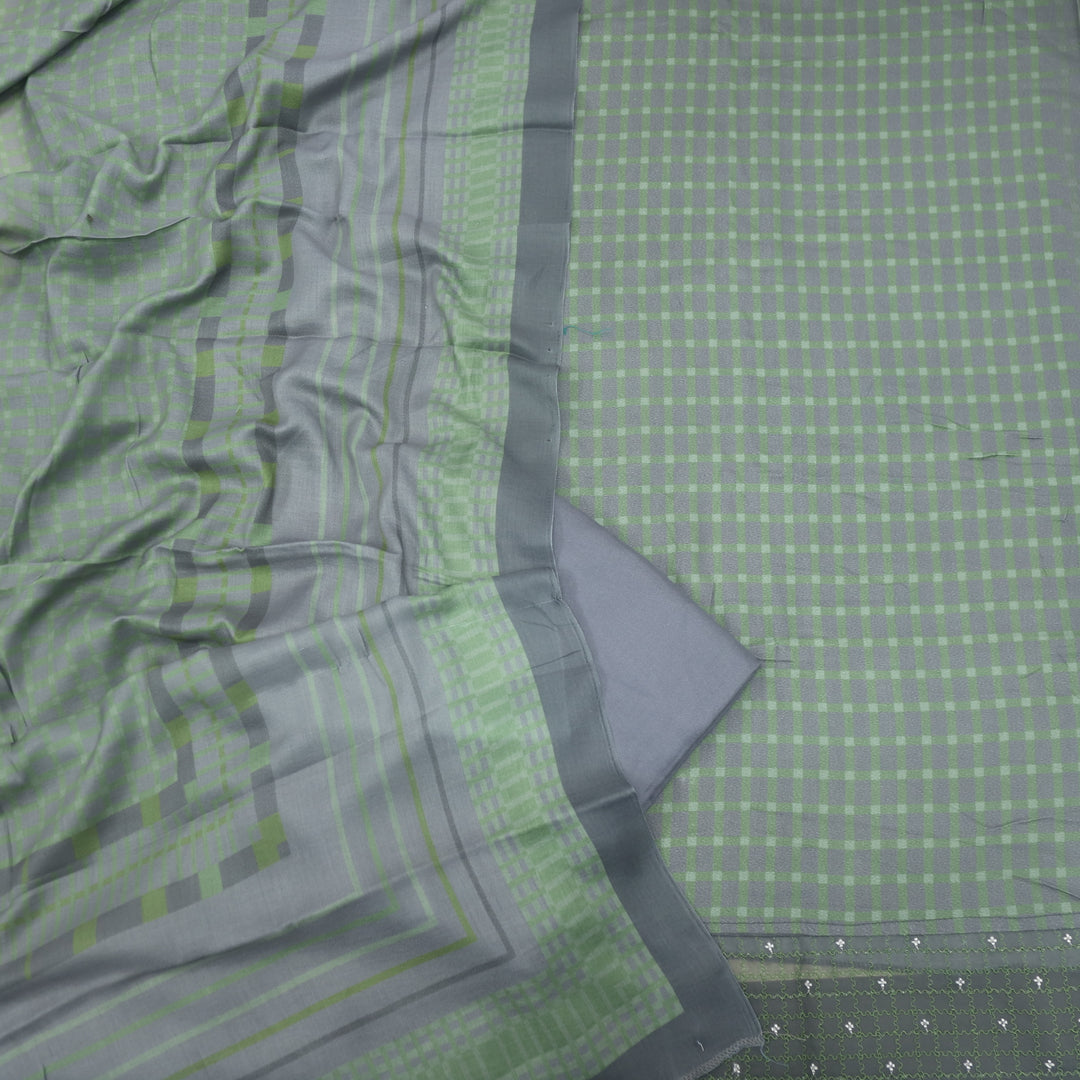 Lafz Grass Green Geometric Print Semi Pashmina Suit Set