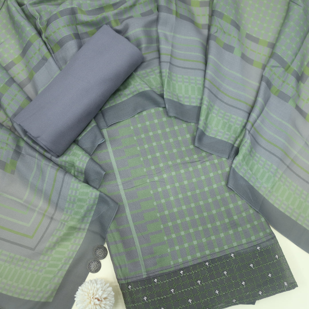 Lafz Grass Green Geometric Print Semi Pashmina Suit Set