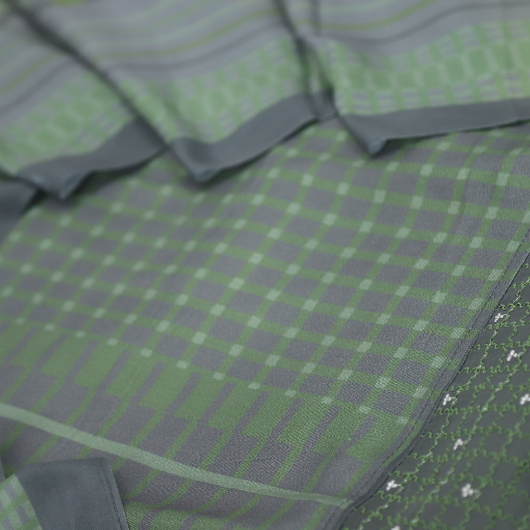 Lafz Grass Green Geometric Print Semi Pashmina Suit Set