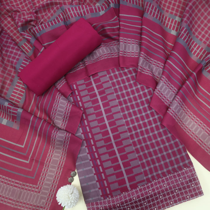 Lafz Magenta Geometric Print Semi Pashmina Suit Set