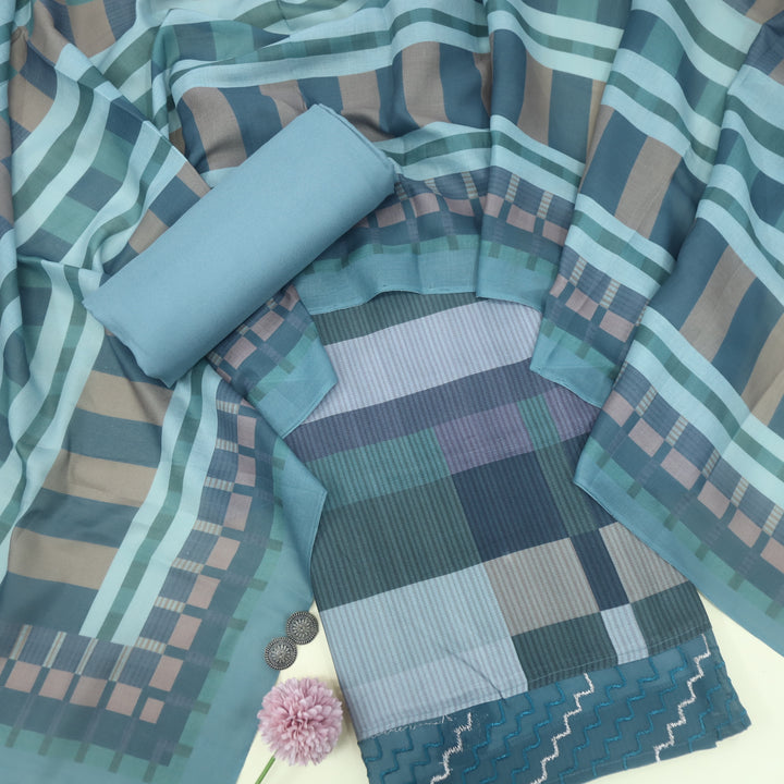 Lafz Fossil Grey Geometric Print Semi Pashmina Suit Set