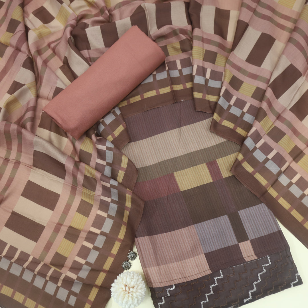 Lafz Chocolate Brown Geometric Print Semi Pashmina Suit Set