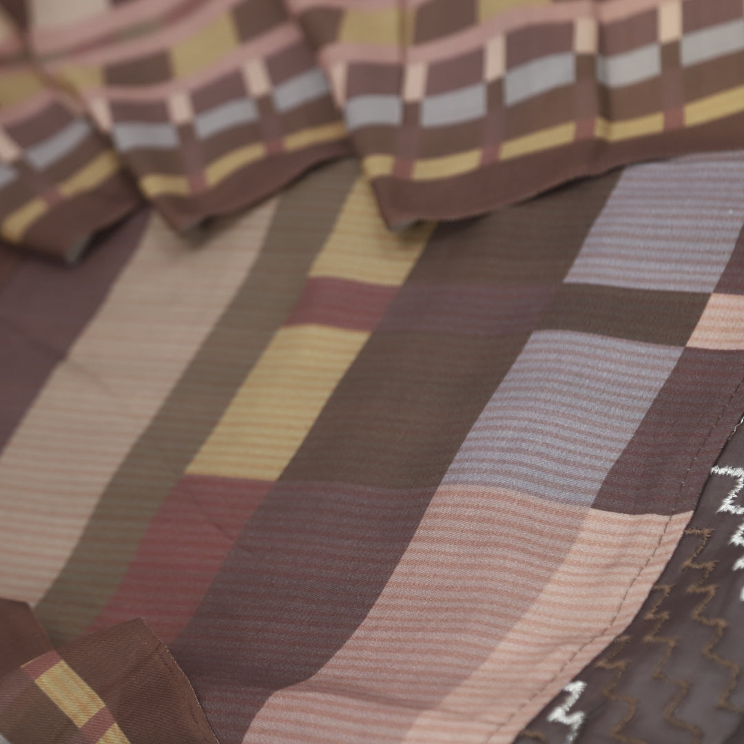 Lafz Chocolate Brown Geometric Print Semi Pashmina Suit Set