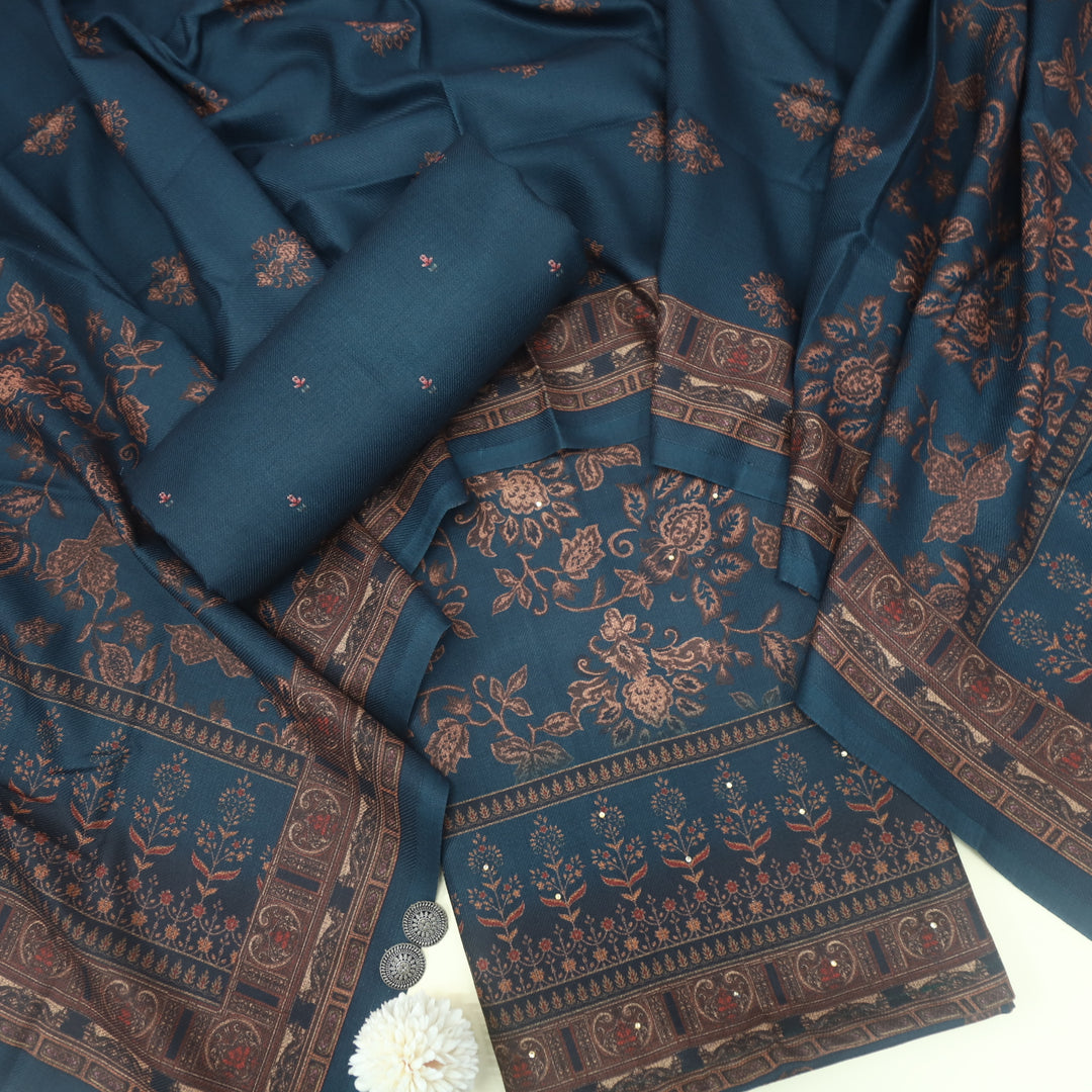 Bhavnaye Aegean Navy Blue Digital Printed Semi Pashmina Suit Set