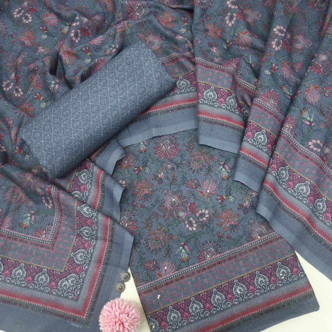 Bhavnaye Fossil Grey Digital Printed Semi Pashmina Suit Set
