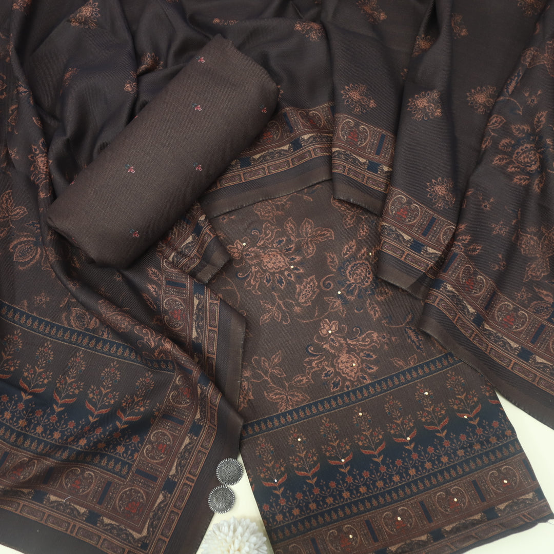 Bhavnaye Brownie Brown Blue Digital Printed Semi Pashmina Suit Set