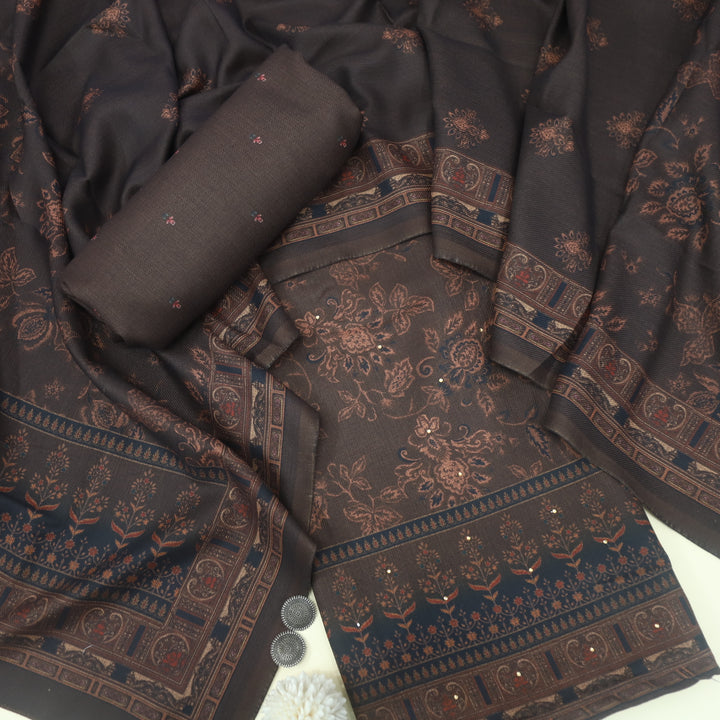 Bhavnaye Brownie Brown Blue Digital Printed Semi Pashmina Suit Set