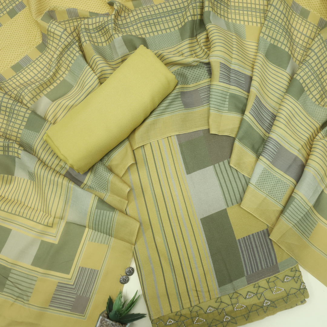 Lafz Canary Yellow Geometric Print Semi Pashmina Suit Set