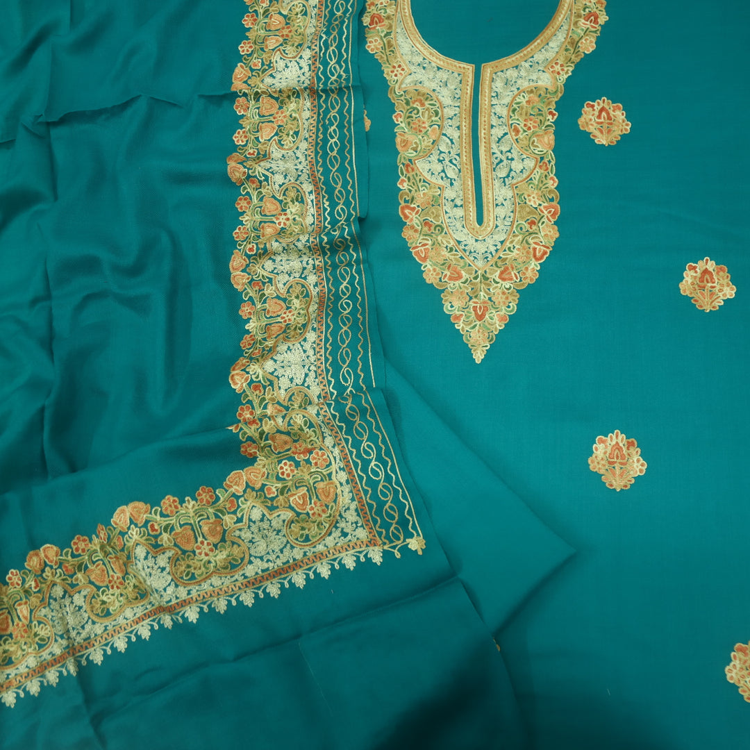 Azaab Teal Blue Kashida Embroidery Semi Pashmina Suit Set