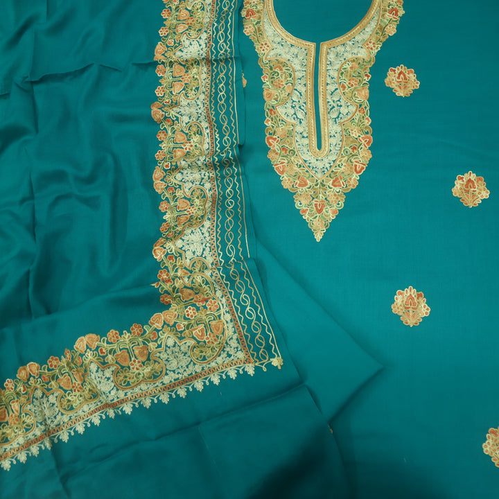 Azaab Teal Blue Kashida Embroidery Semi Pashmina Suit Set