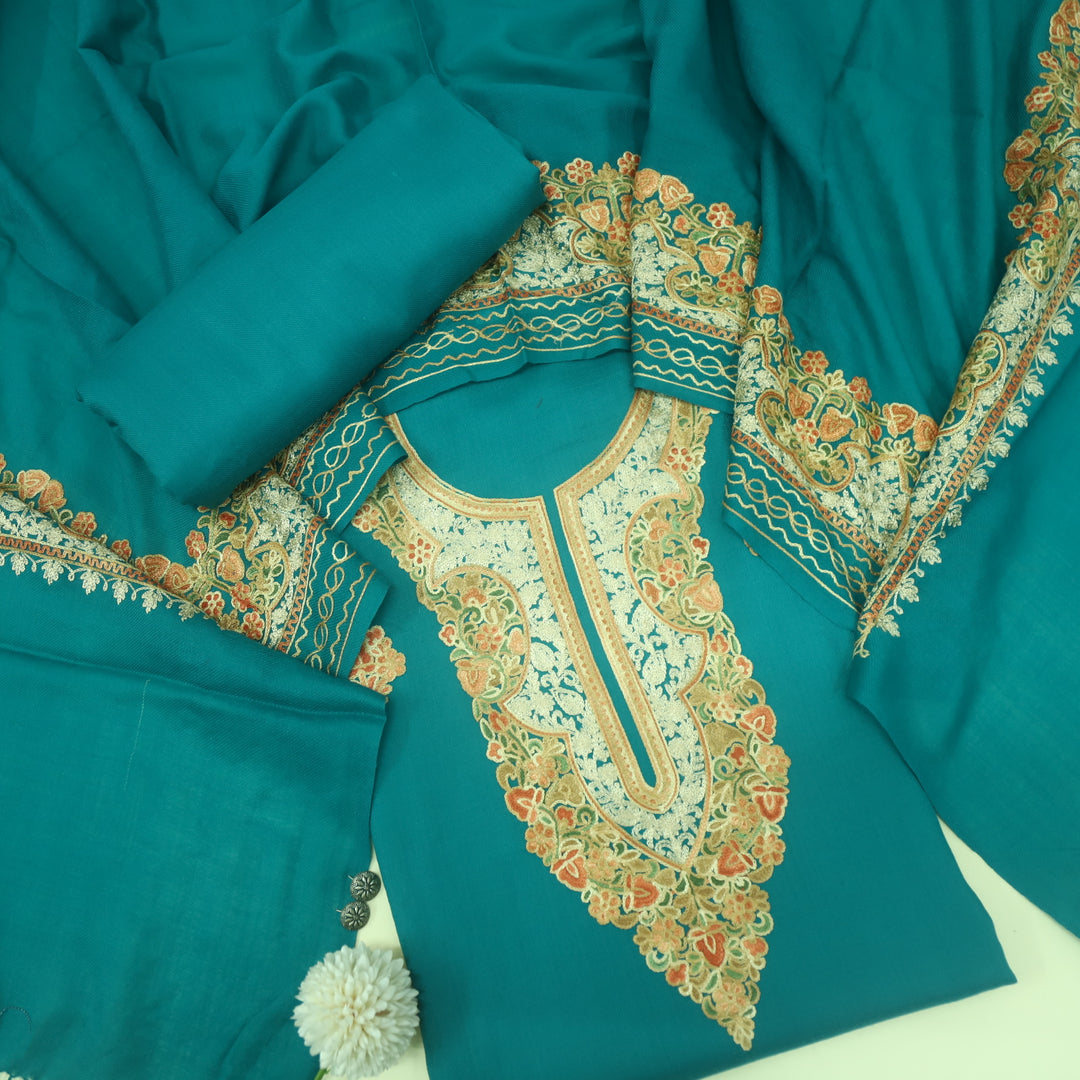 Azaab Teal Blue Kashida Embroidery Semi Pashmina Suit Set