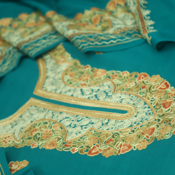 Azaab Teal Blue Kashida Embroidery Semi Pashmina Suit Set