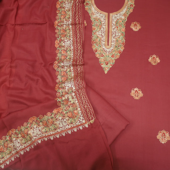 Azaab Rouge Pink Kashida Embroidery Semi Pashmina Suit Set