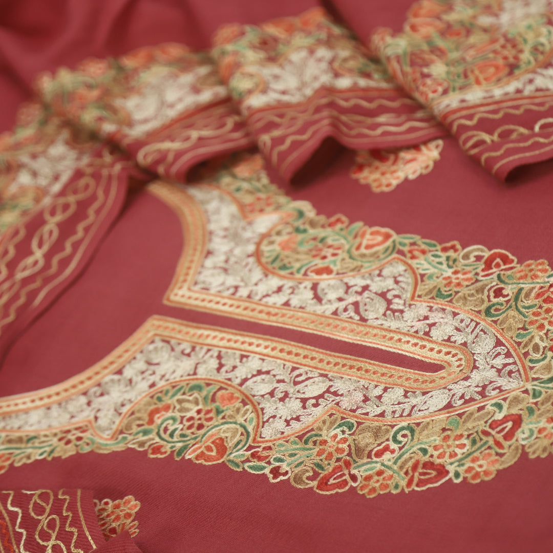 Azaab Rouge Pink Kashida Embroidery Semi Pashmina Suit Set
