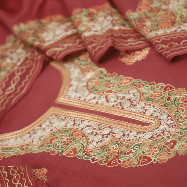 Azaab Rouge Pink Kashida Embroidery Semi Pashmina Suit Set