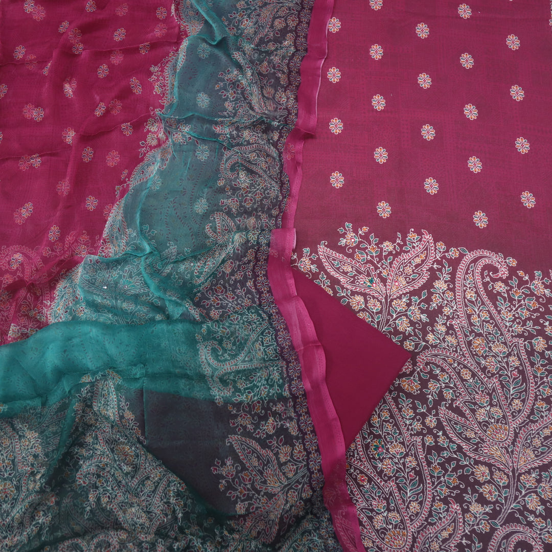 Mizaaz Jam Purple Floral Printed Semi Pashmina Suit Set