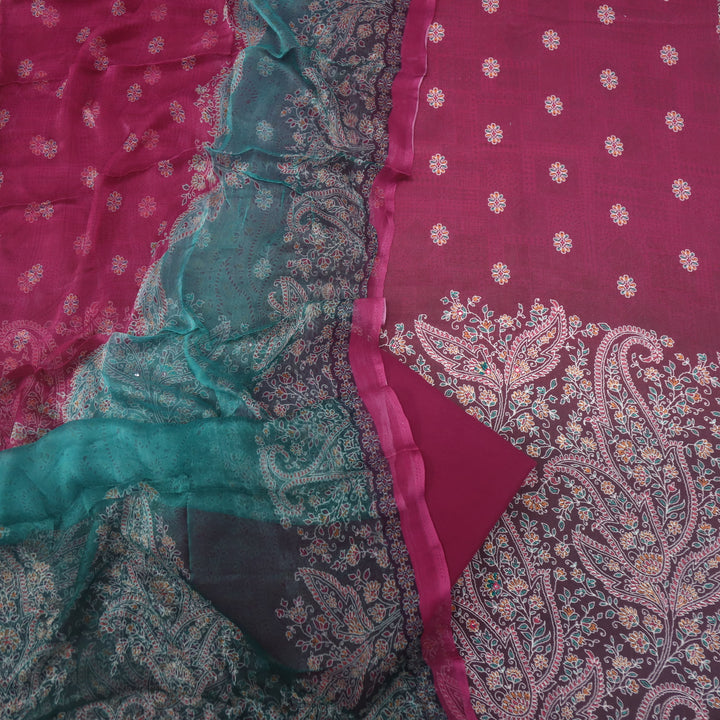 Mizaaz Jam Purple Floral Printed Semi Pashmina Suit Set