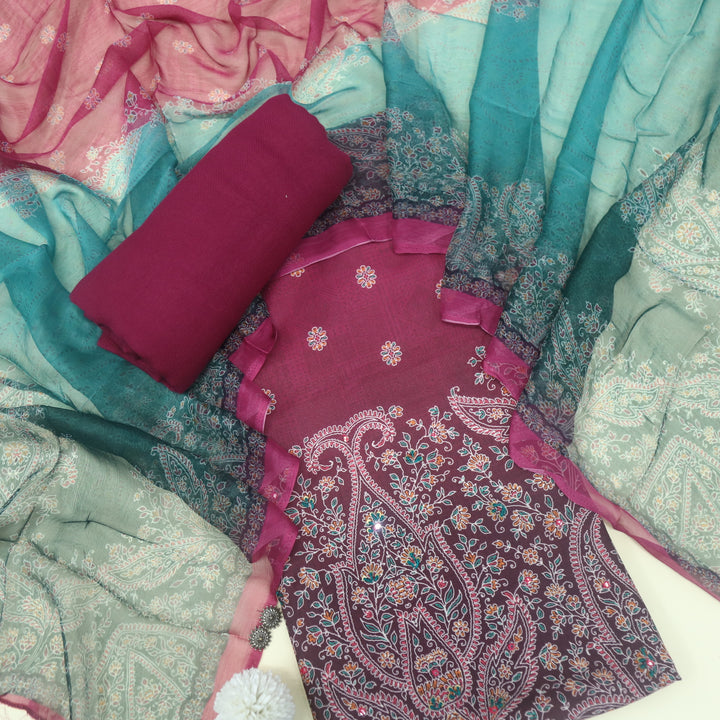 Mizaaz Jam Purple Floral Printed Semi Pashmina Suit Set