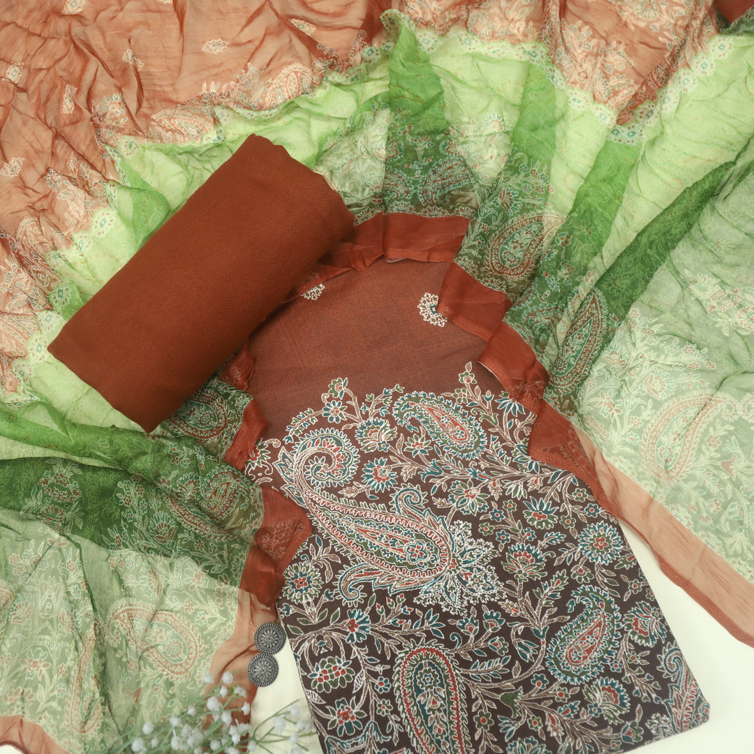 Mizaaz Pecan Brown Floral Printed Semi Pashmina Suit Set