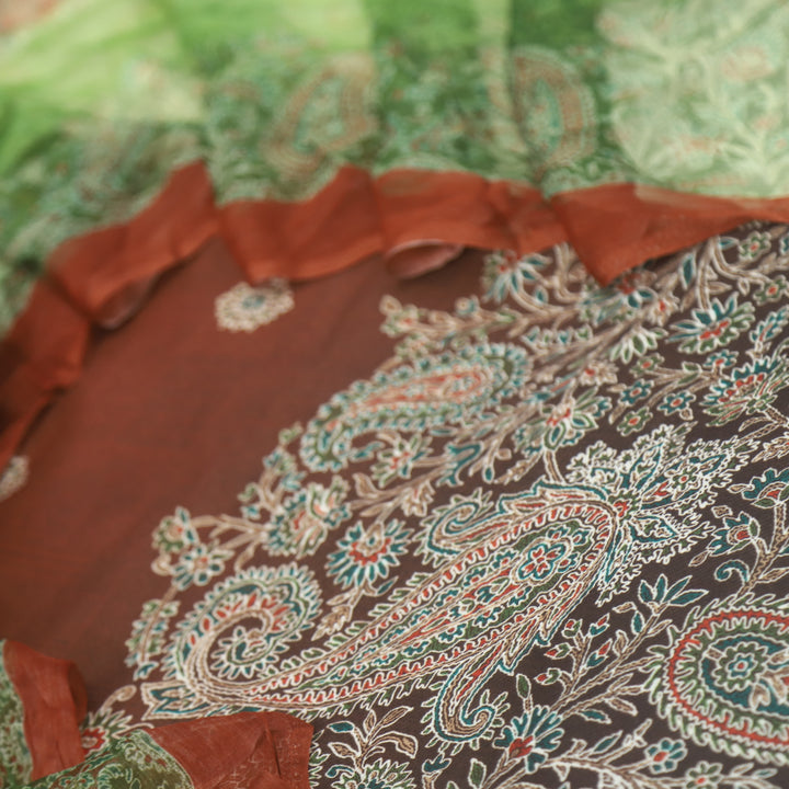 Mizaaz Pecan Brown Floral Printed Semi Pashmina Suit Set