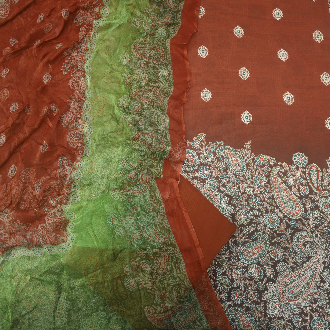 Mizaaz Pecan Brown Floral Printed Semi Pashmina Suit Set