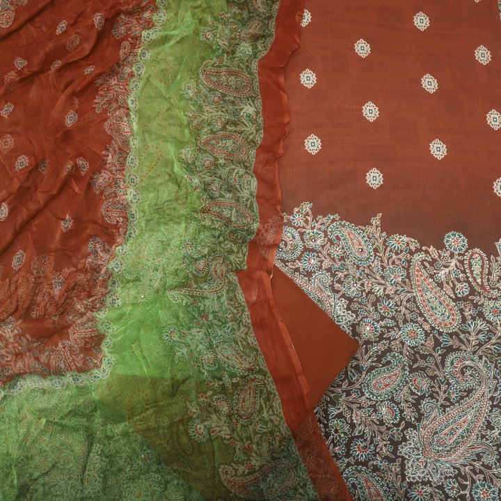Mizaaz Pecan Brown Floral Printed Semi Pashmina Suit Set