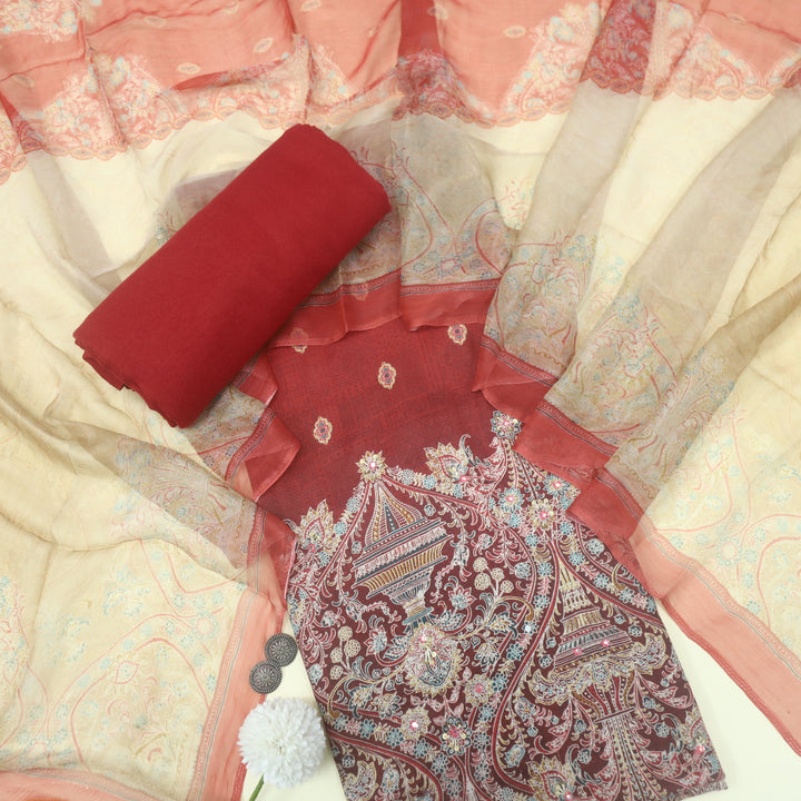 Mizaaz Maroon Red Floral Printed Semi Pashmina Suit Set
