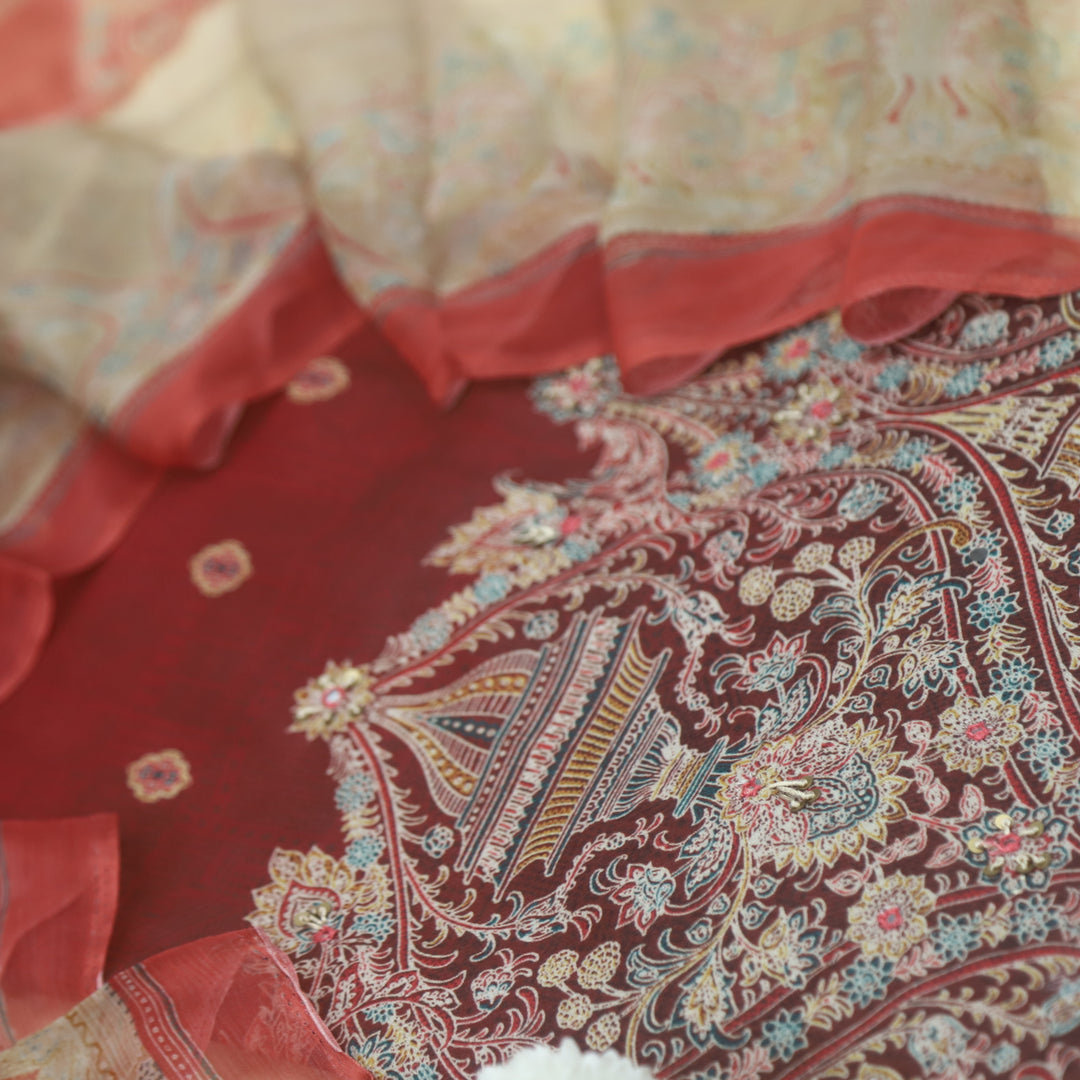 Mizaaz Maroon Red Floral Printed Semi Pashmina Suit Set