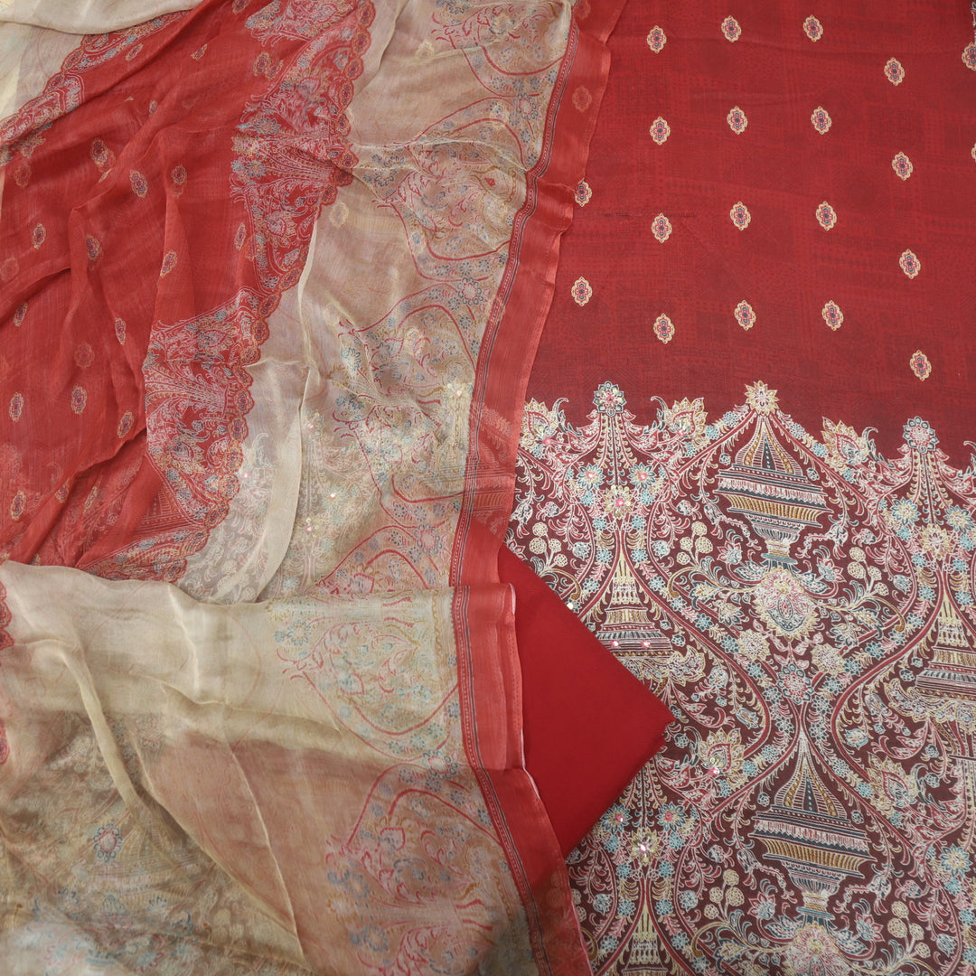 Mizaaz Maroon Red Floral Printed Semi Pashmina Suit Set