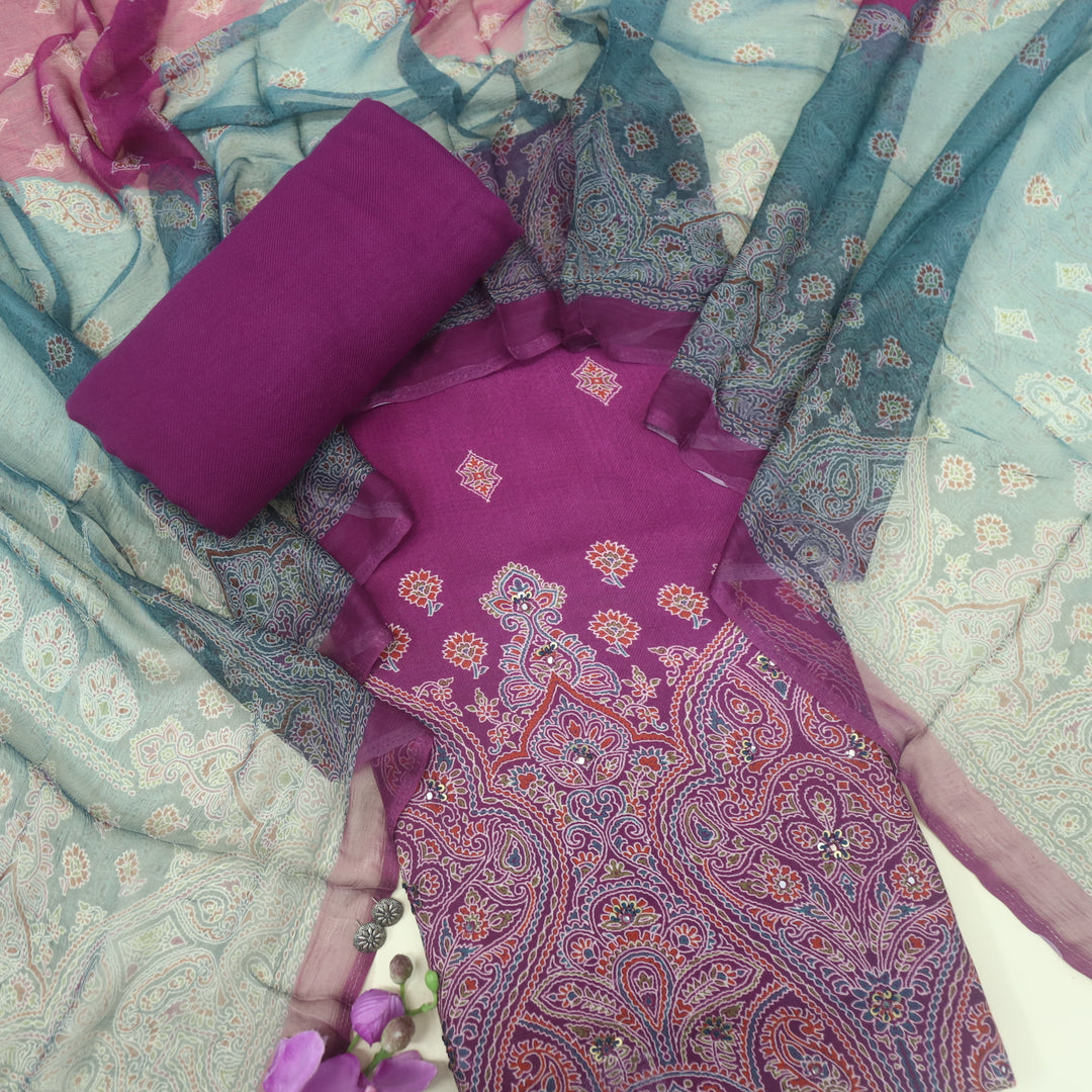 Mizaaz Mulberry Purple Floral Printed Semi Pashmina Suit Set