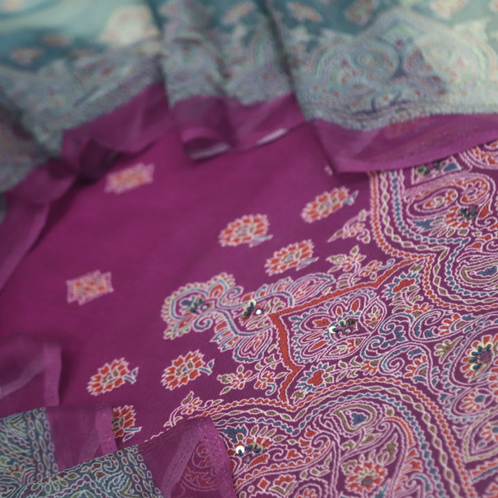 Mizaaz Mulberry Purple Floral Printed Semi Pashmina Suit Set