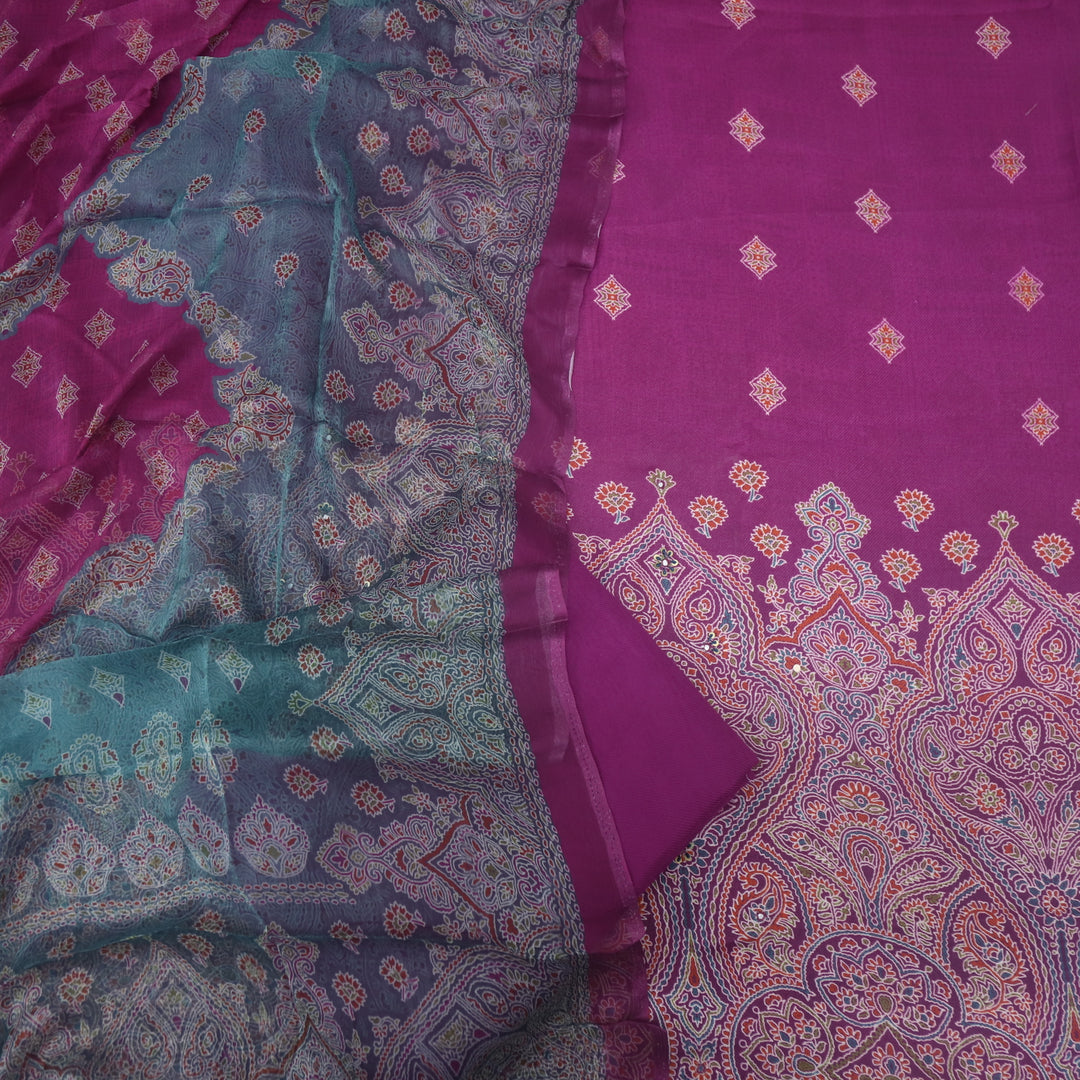 Mizaaz Mulberry Purple Floral Printed Semi Pashmina Suit Set