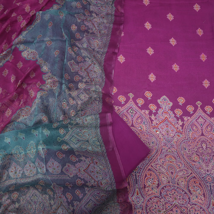 Mizaaz Mulberry Purple Floral Printed Semi Pashmina Suit Set