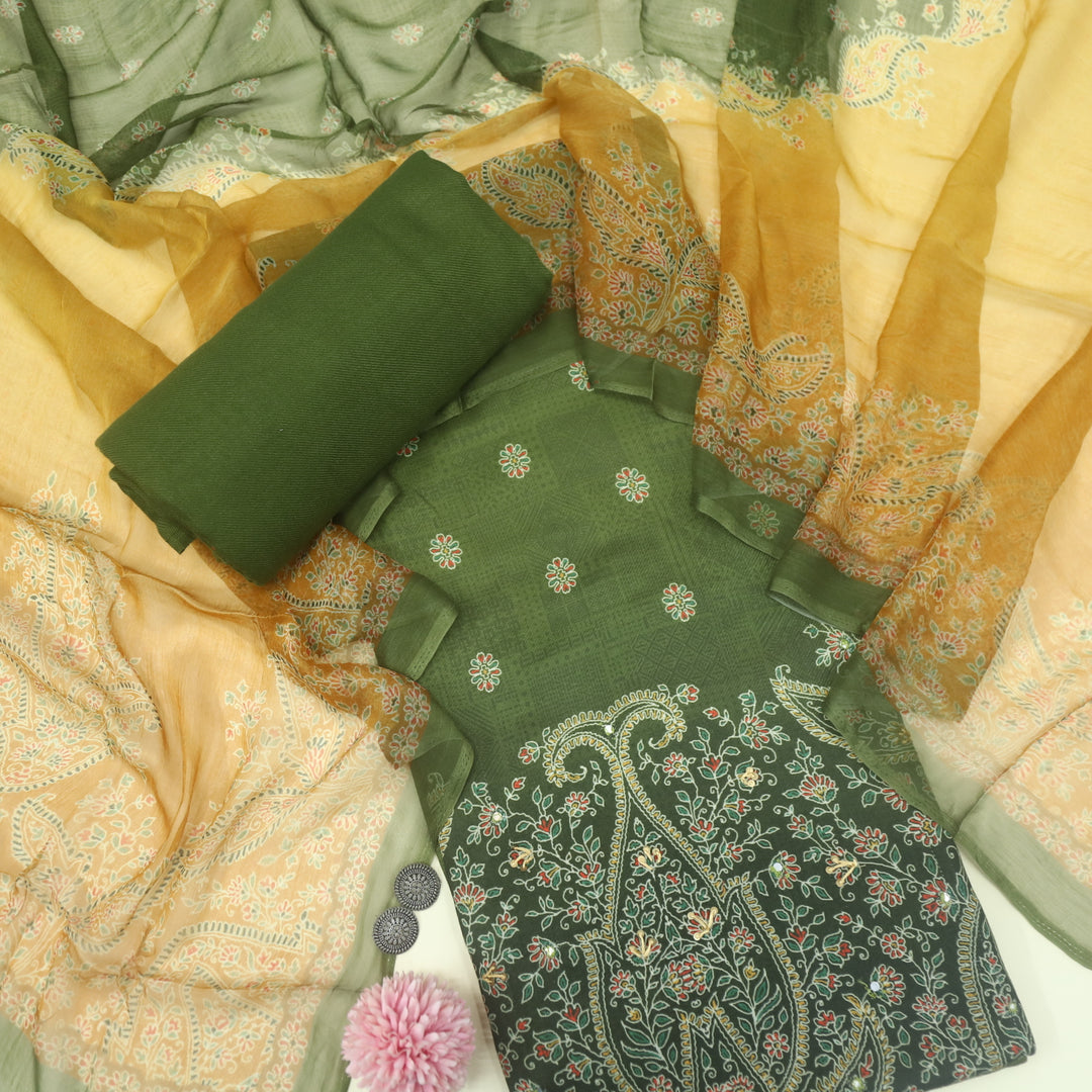 Mizaaz Juniper Green Floral Printed Semi Pashmina Suit Set