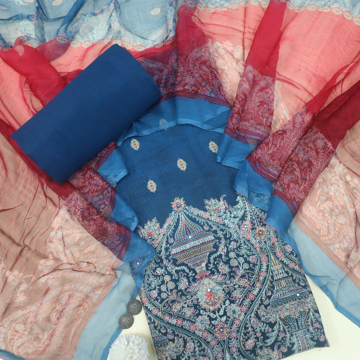 Mizaaz Denim Blue Floral Printed Semi Pashmina Suit Set