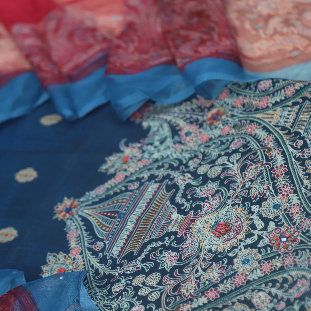 Mizaaz Denim Blue Floral Printed Semi Pashmina Suit Set