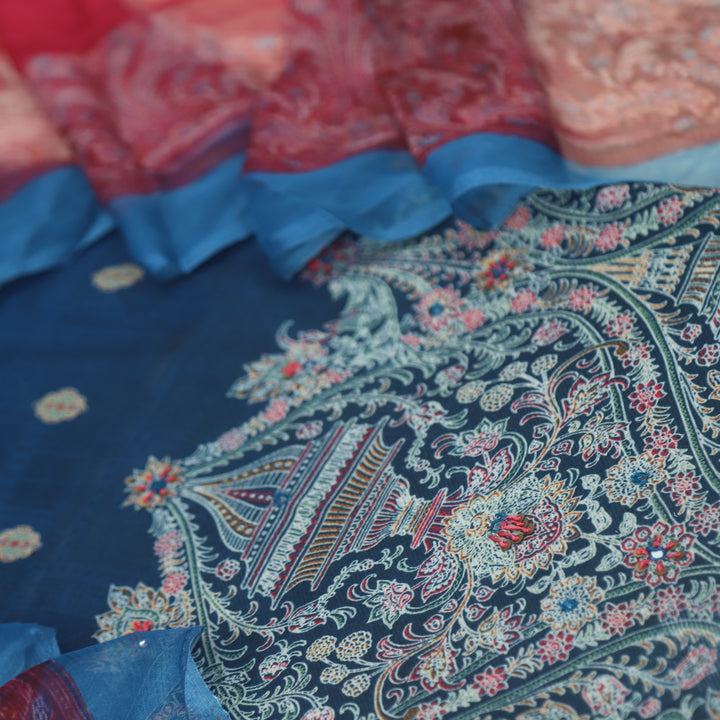 Mizaaz Denim Blue Floral Printed Semi Pashmina Suit Set
