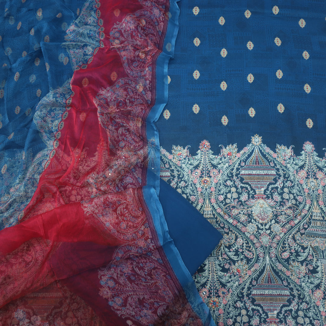 Mizaaz Denim Blue Floral Printed Semi Pashmina Suit Set