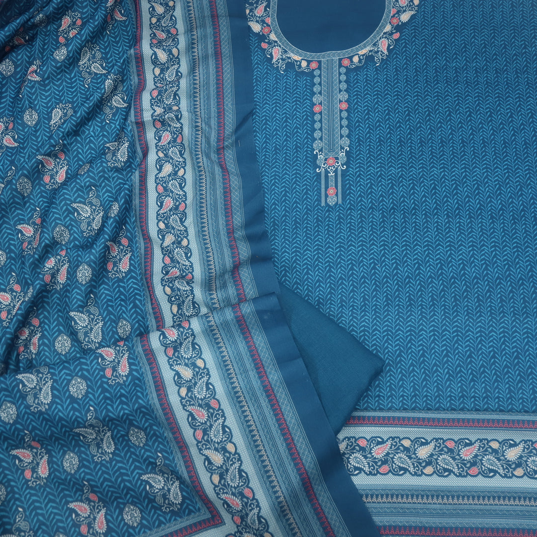 Nazia Aegean Blue Printed Semi Pashmina Suit Set