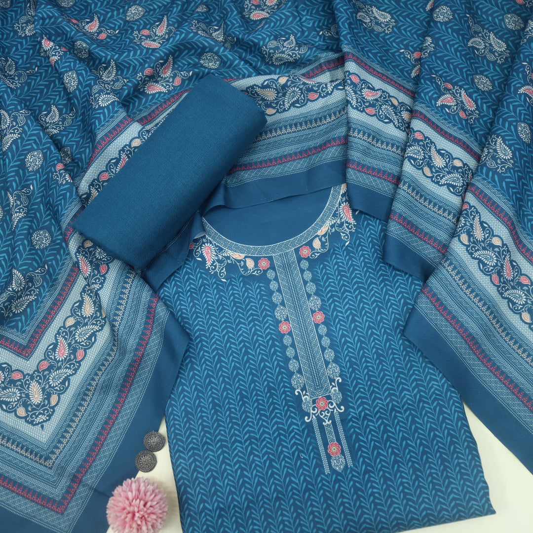 Nazia Aegean Blue Printed Semi Pashmina Suit Set