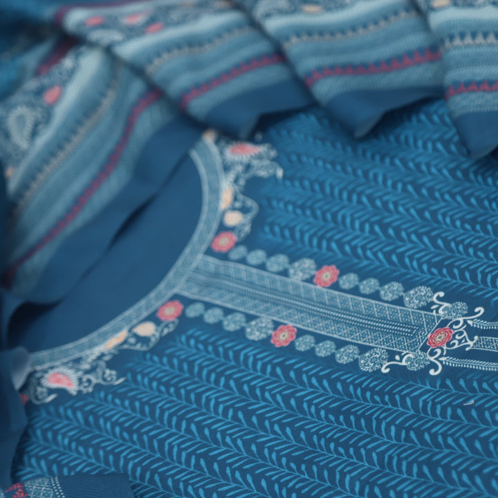 Nazia Aegean Blue Printed Semi Pashmina Suit Set