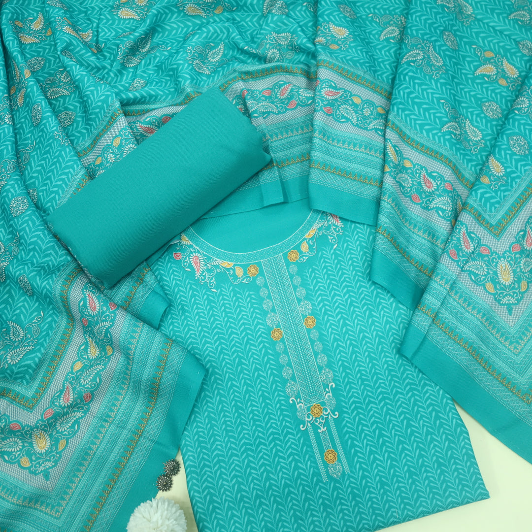 Nazia Teal Green Printed Semi Pashmina Suit Set
