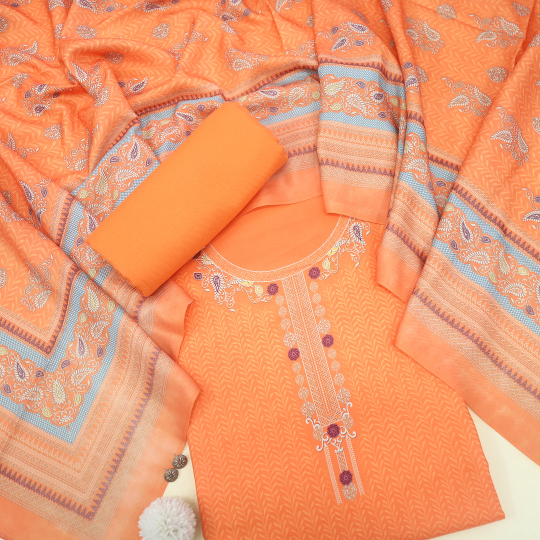 Nazia Neon Orange Printed Semi Pashmina Suit Set
