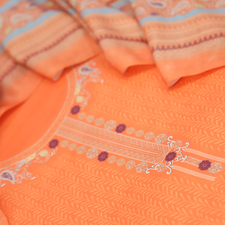 Nazia Neon Orange Printed Semi Pashmina Suit Set